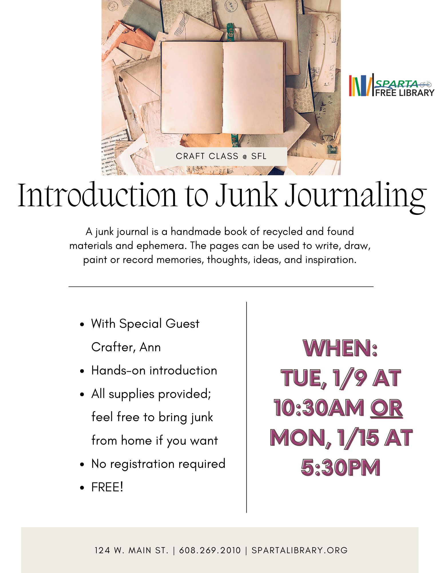 Join the library for this special session of our monthly craft class for adults. Special guest, Ann, will be leading a hands-on introduction to junk journaling. All supplies will be provided, but please feel free to bring some junk from home that you'd like to incorporate. No registration required. </p>
<p>A junk journal is a handmade book of recycled and found materials and ephemera. The pages can be used to write, draw, paint or record memories, thoughts, ideas, and inspiration.